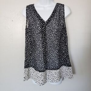 Remy Women's Medium Sleeveless Blouse Tank Top Black Polka Dot V-neck Chiffon